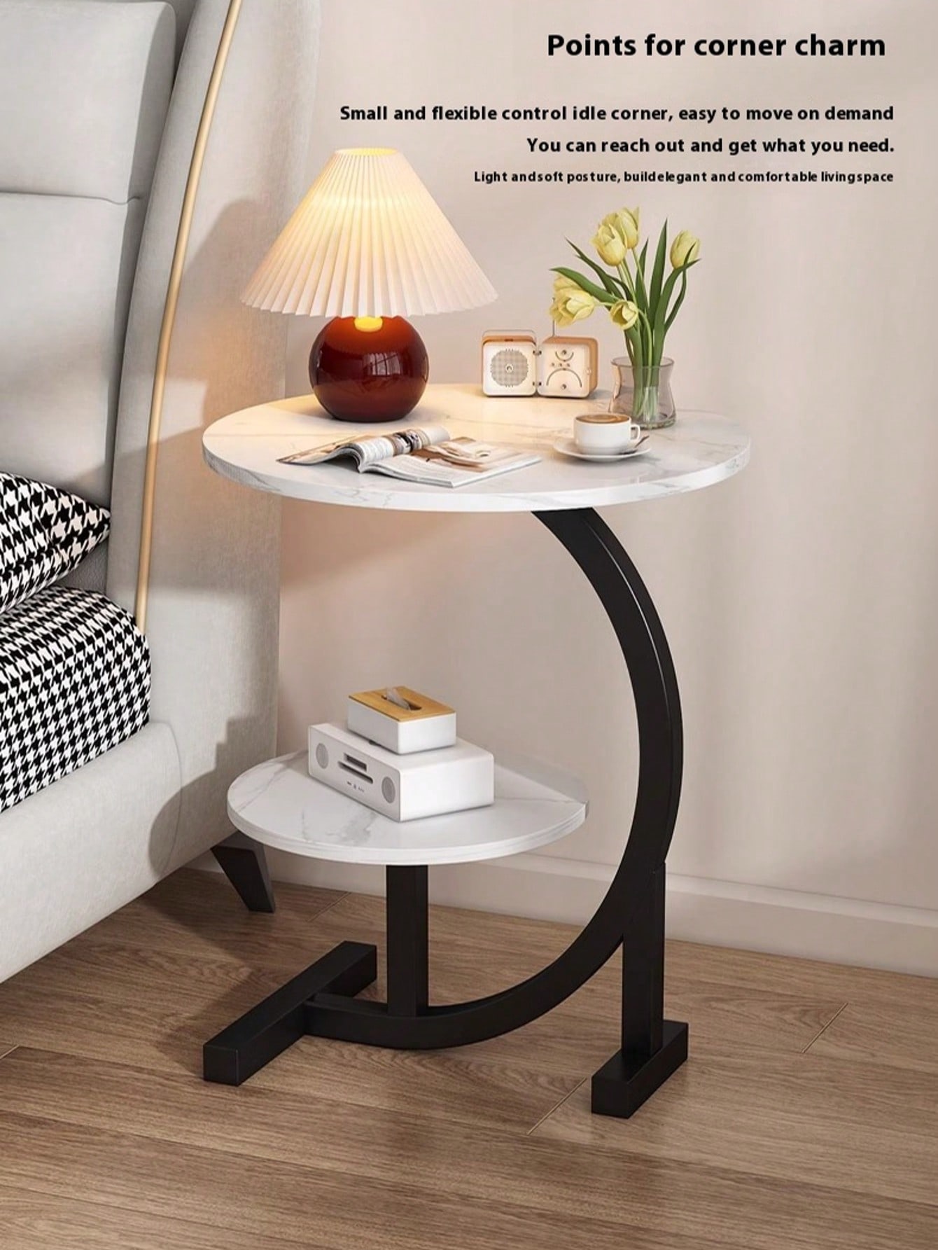 Desk Setup Shelves - Round C-Shaped Storage Table With Lower