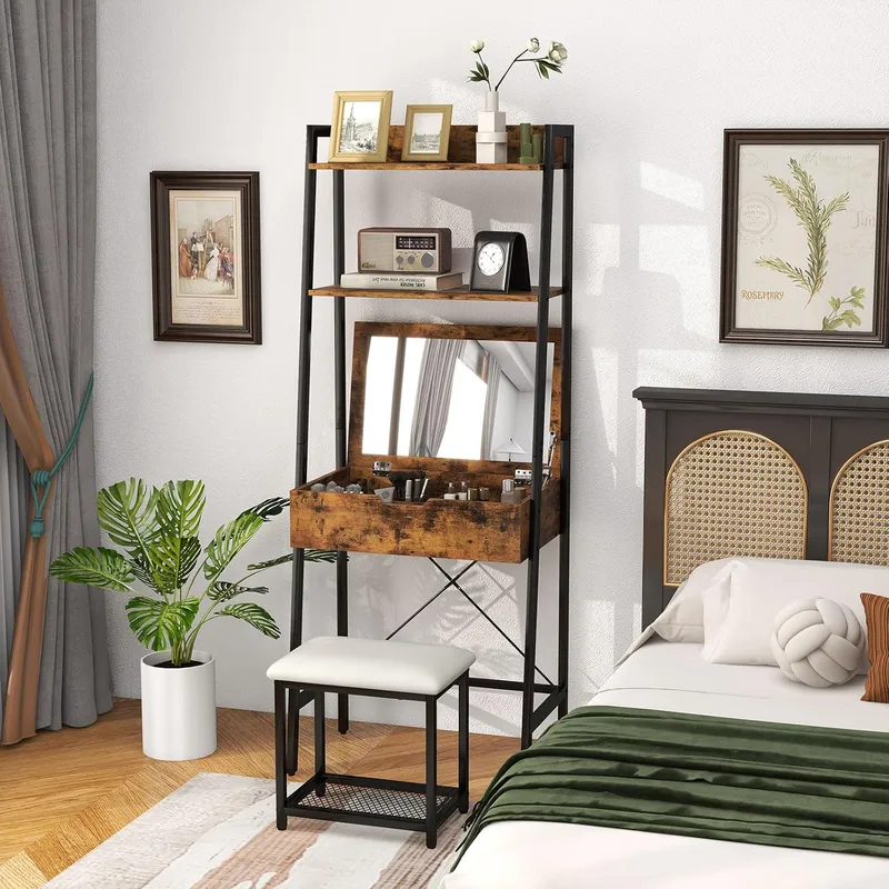 Desk Setup Small Space - Ladder Vanity Desk Set with Flip-up